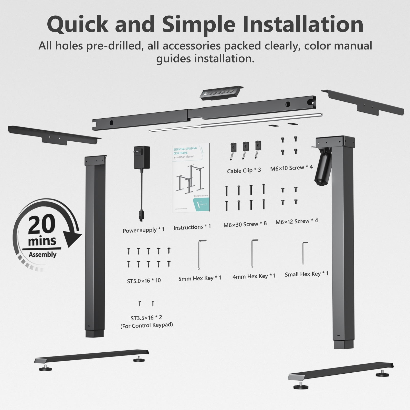 VVENACE Electric Standing Desk Frame, Single Motor Adjustable Stand up Desk Base, 176 lbs Weight Capacity, Computer Desk for Home and Office (Black Frame only)