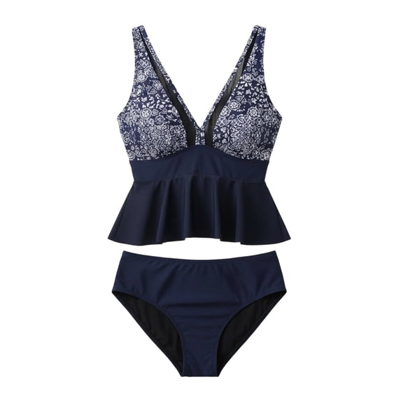Viluyesy Womens Swimsuits 2-Piece, Prints V Neck Ruffles Tankini and High Waist Swim Bottom Beach Bathing Suits Blue XL