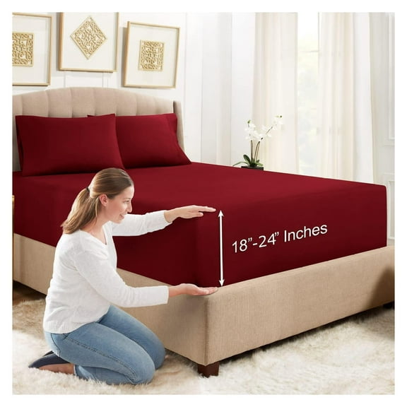 Empyrean Extra Deep Pocket Queen Fitted Sheet, 24" Deep Pocket Queen Sheet with 2 Pillowcases, 3 PC Fitted Sheet Queen Size, Queen Sheets Deep Pocket with 4 Corner Elastic Strap, Burgundy Red