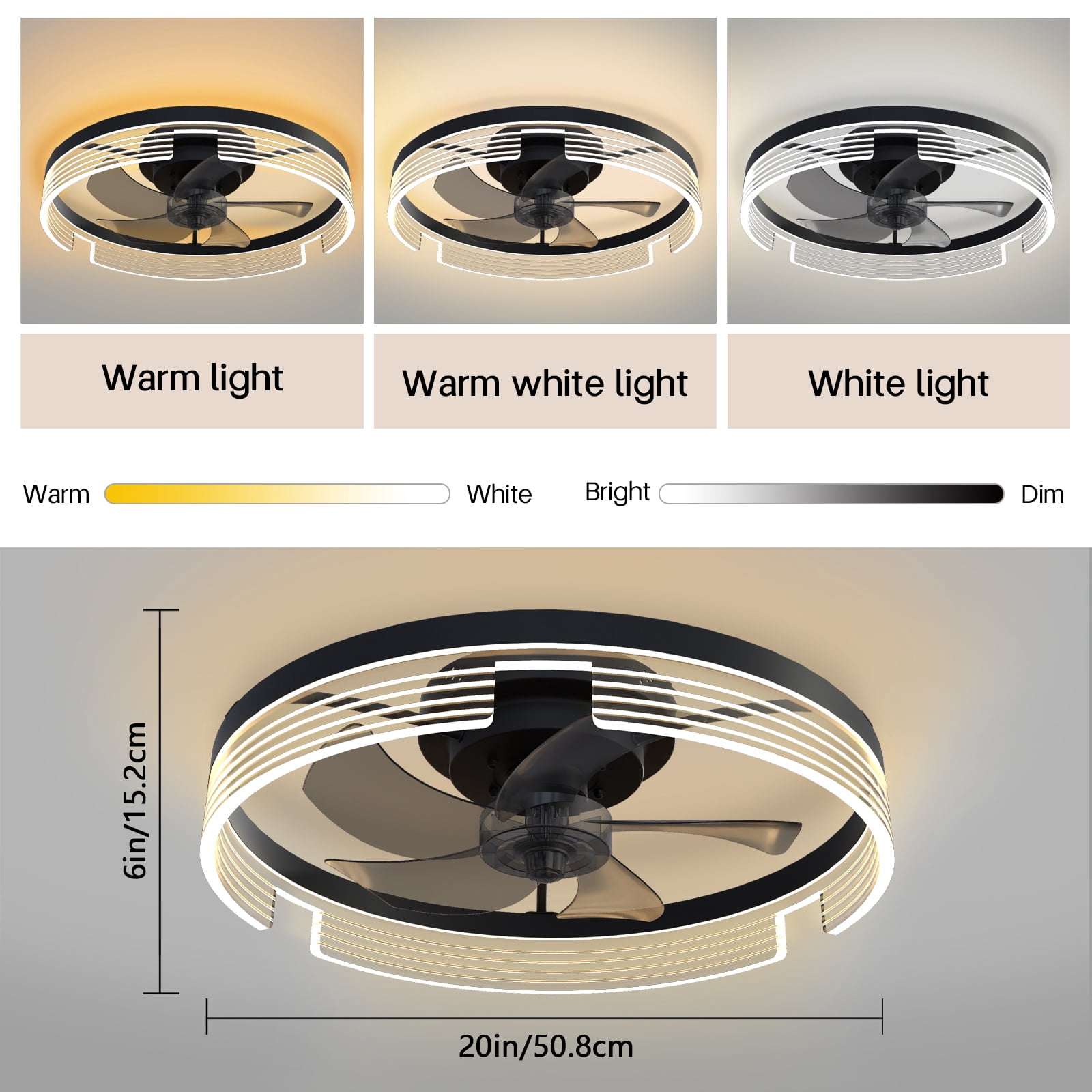 Surnie Black Ceiling Fan with Light-Modern Flush Mount Low Profile Ceiling Fans Timing Remote Control, Smart Small Enclosed Reversible Dimmable LED Lighting Fan for Indoor Bedroom Living Room Kitchen