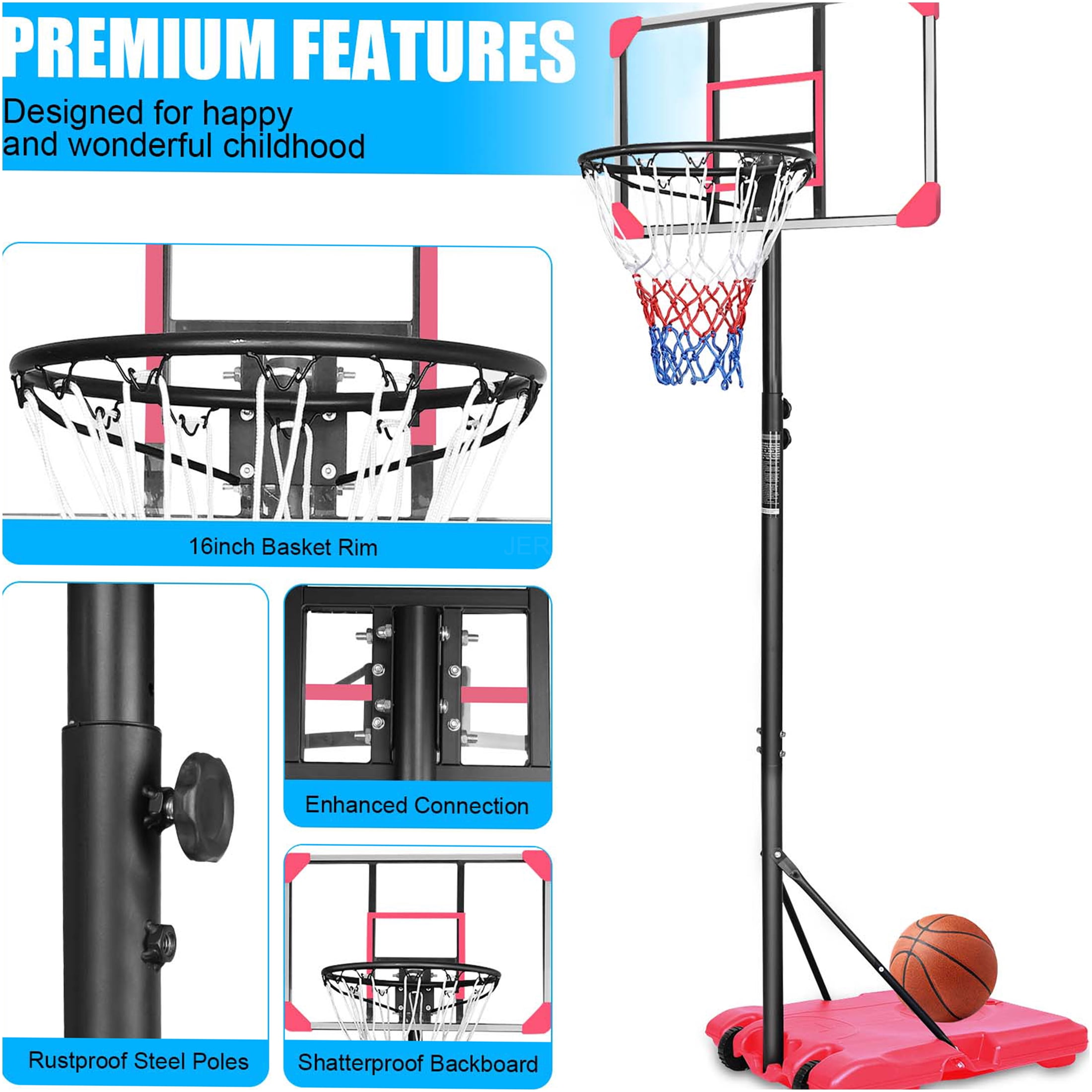 JERFIT Portable Basketball Hoop for Kids & Teens, Adjustable Height 5.6ft-7ft, Pink Iron Hoop with Wheels & Stable Base, 28" Backboard for Indoor Outdoor Use