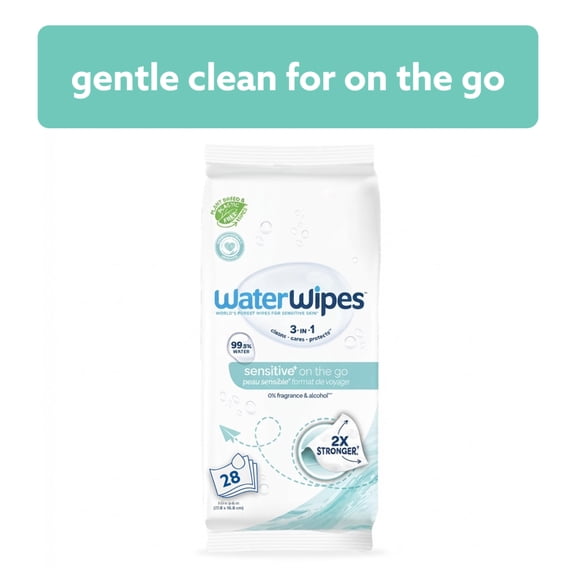 WaterWipes Sensitive On The Go Wipes, 99.9% Water, Unscented & Hypoallergenic, 28 Wipes
