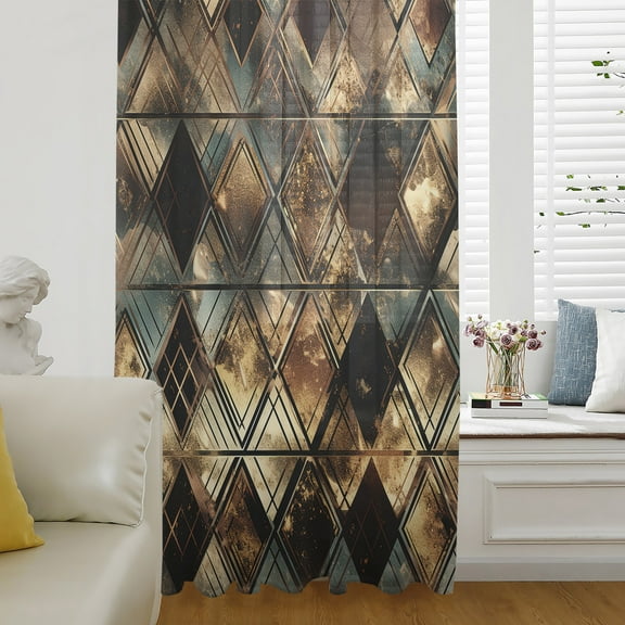 Brown Teal Geometric Semi Sheer Curtains Drapes for Living Room, Bedroom, French Doors Window 54 Inches Long, Retro Modern Plaid Abstract Art Rod Pocket Chiffon Curtain Drapery Voile Draperies Panel