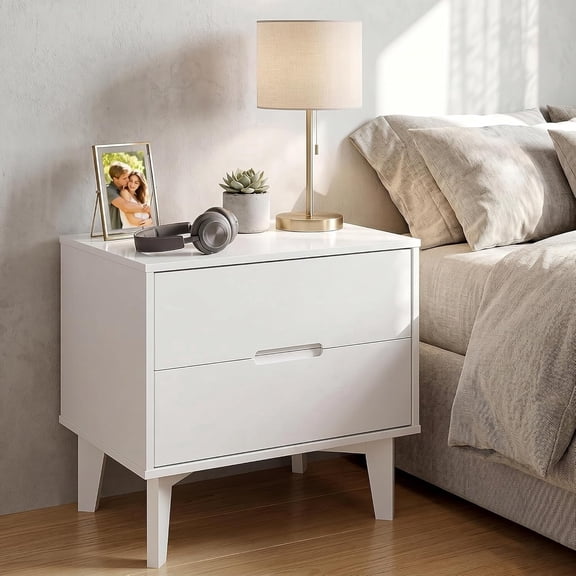 White Modern Nightstand, Night Stand with 2 Drawers Wood Bedside Table with Hidden Handles Wooden Side Table Compact Space-Saving Design End Table for Bedroom, Dorm
