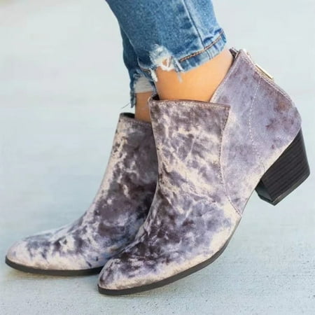 

Women s Winter Suede Solid Color Back Zipper Short Tube Heel Vintage Chunky Ankle Boots