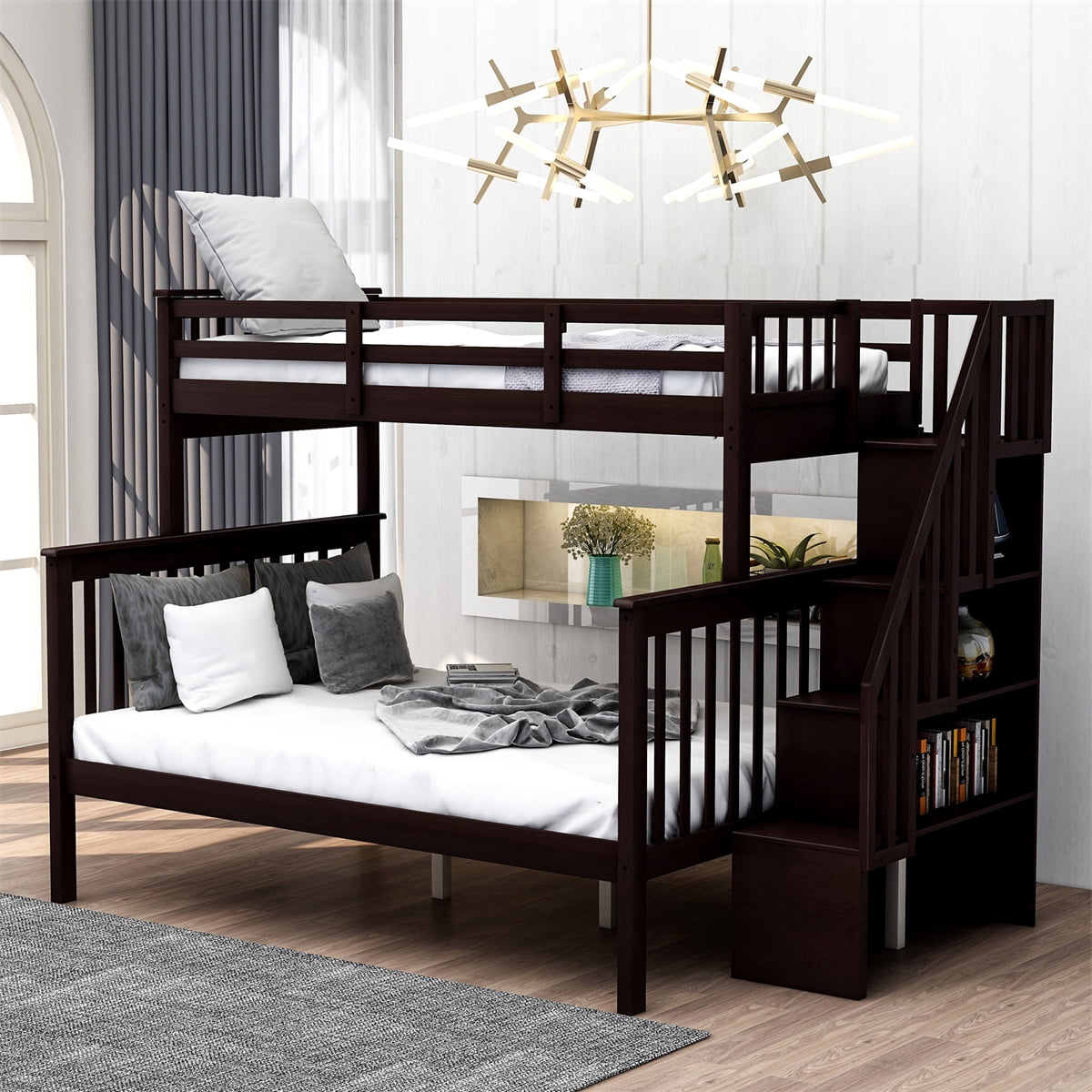 ARCTICSCORPION Twin Over Full Bunk Bed with Stairs,Solid Wood Stairway