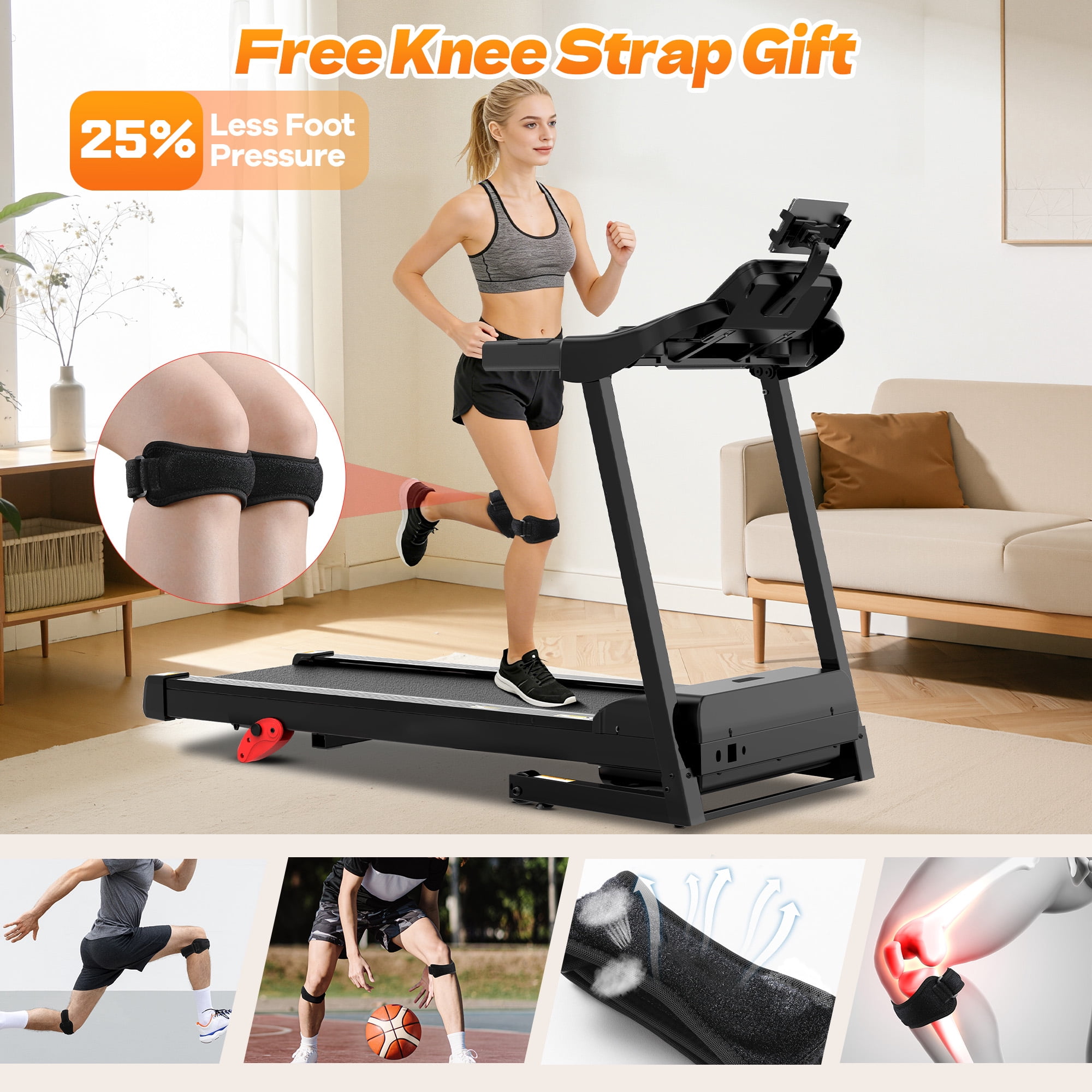 3.55HP Treadmill with 10% Incline 320lb Capacity, Foldable Home 7.5MPH Treadmill, 64+6+1 Smart Program, APP Control with Free Course, Jogging Walking Treadmill w/ Free Knee Pads
