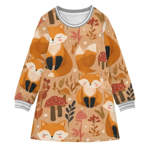 Girls' long-sleeved dress Cute Cartoon Fox Girls' A-line dress with ribbed cuffs Soft and comfortable