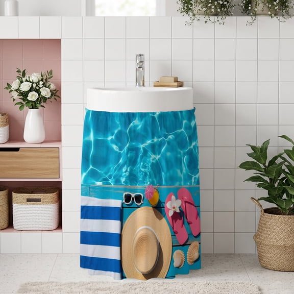 Small Cabinet Curtain 11''W x 13''L, Swimming Pool Under Sink Cover Drapes, Blue Summer Beach Sea Ocean Self Adhesive Cabinet Skirt for Kitchen/Bathroom Vanity/Laundry Room/Open Shelf