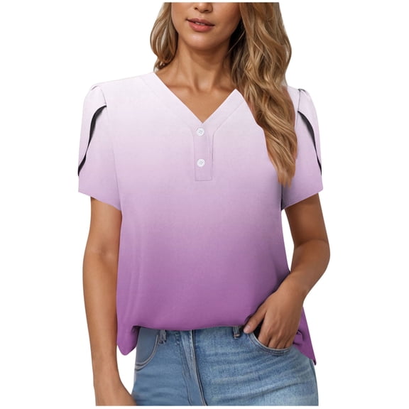 Ruimatai Women's V-Neck Short Sleeve Blouse Casual Button Down Ombre Print Top Comfortable Summer Fashion T-Shirt