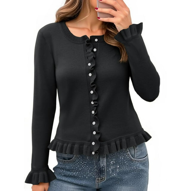 Jersey tipo cárdigan Saodimallsu para mujer con volantes y botones, color negro