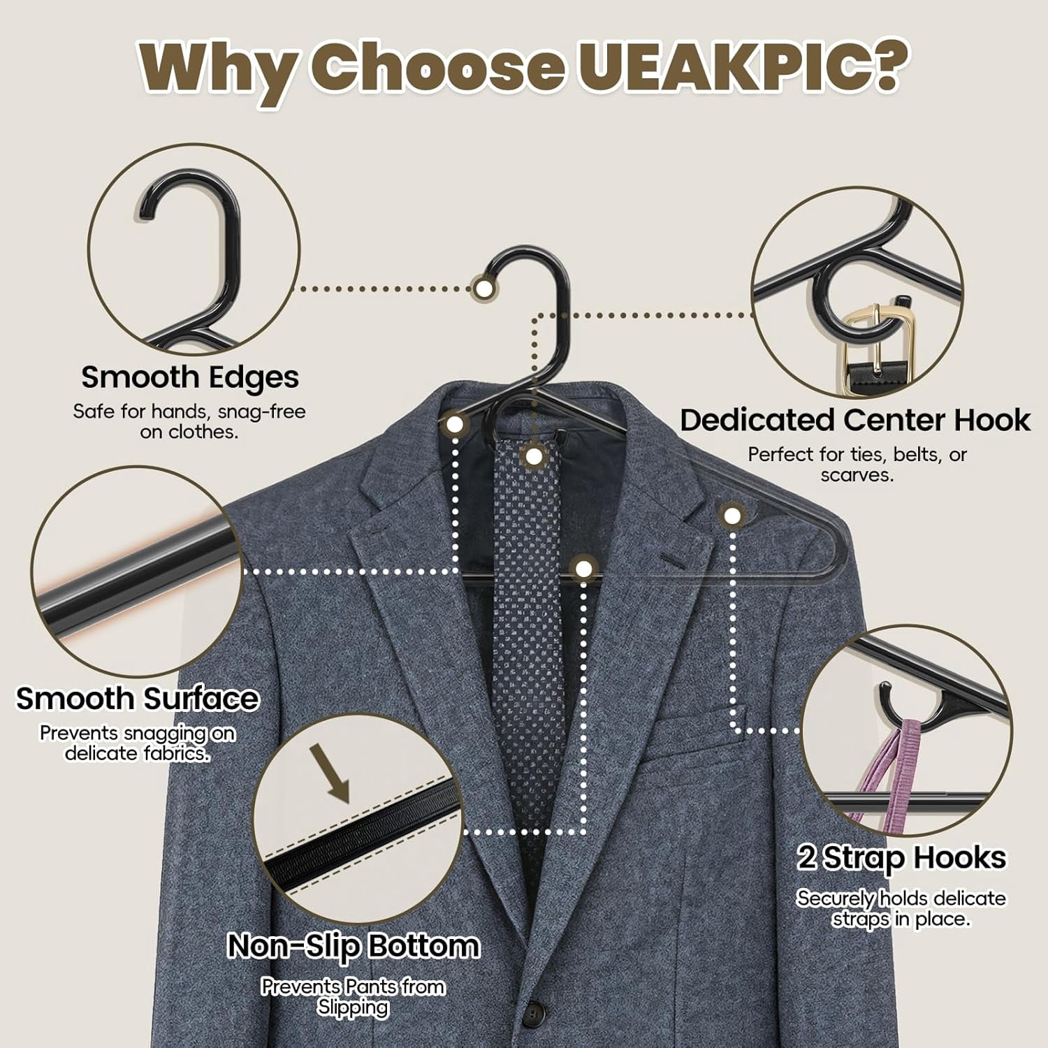 UEAKPIC Heavy Duty Plastic Hangers with Hook, Non-Slip Tubular Clothes Hangers for Adults and Children, 18 Pack, Black