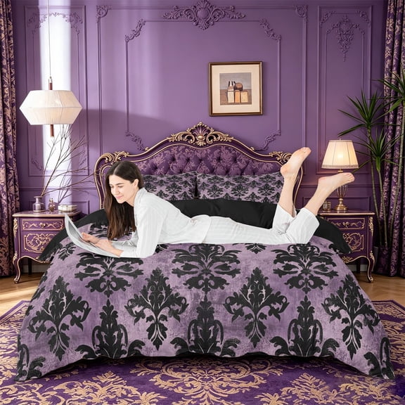 jejeloiu Dramatic Damask Duvet Cover Queen,Gothic Print Queen Bedding For Adults,Purple Black,Black Reversible,3-Piece,1 Duvet Cover and 2 Pillowcases