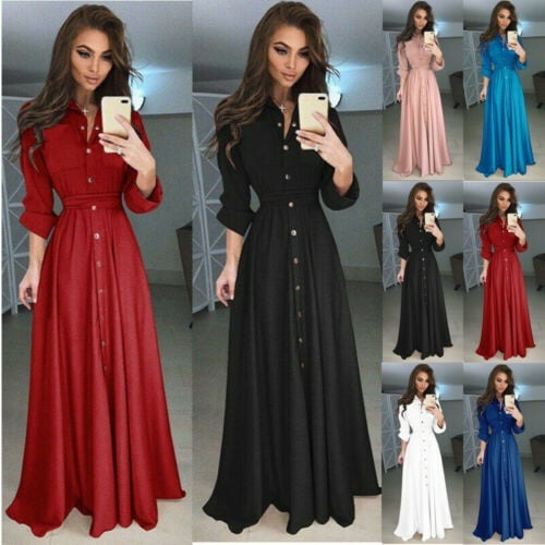 Robe Chemise Décontractée pour Femmes à Manches Longues, Boutonnée, Maxi, Soirée, Fête