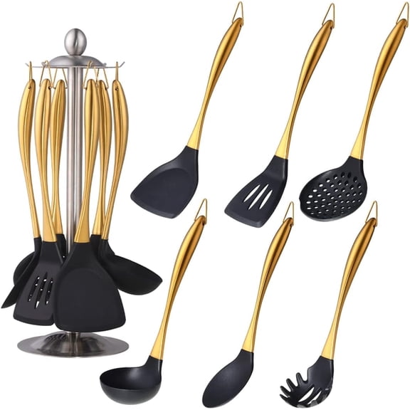 Silicone Cooking Utensils Set, 6-Piece Non-Stick Kitchen Utensil Set with Titanium Stainless Steel Handles & Holder, Spatula, Spoon, Tongs for Baking, Grilling & Frying - Dishwasher Safe,  Gold