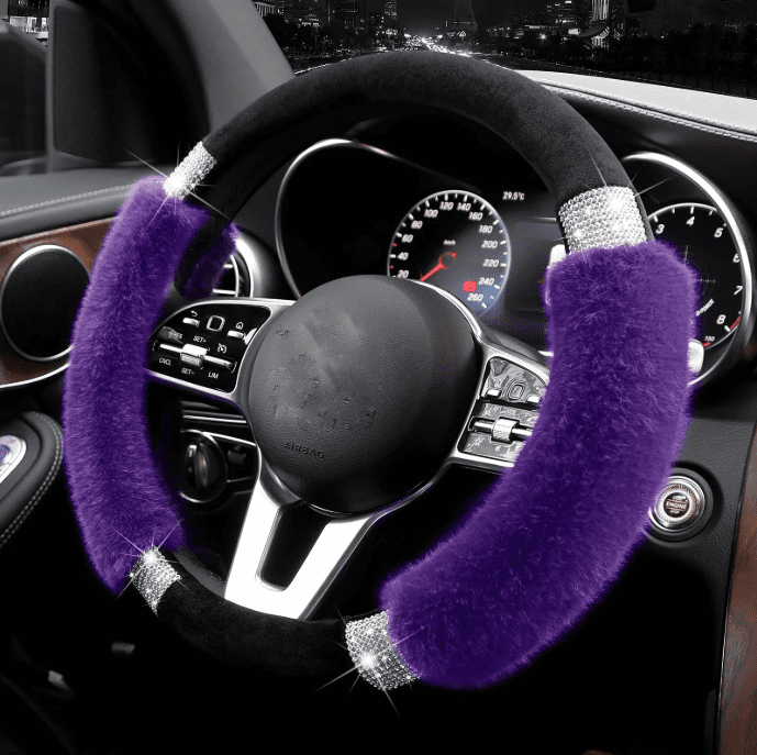 Rhinestone Fluffy Steering Wheel Cover Comfortable Non-Slip Luxury Faux Wool, Universal Fit for 14.5-15 Inches Steering Wheels