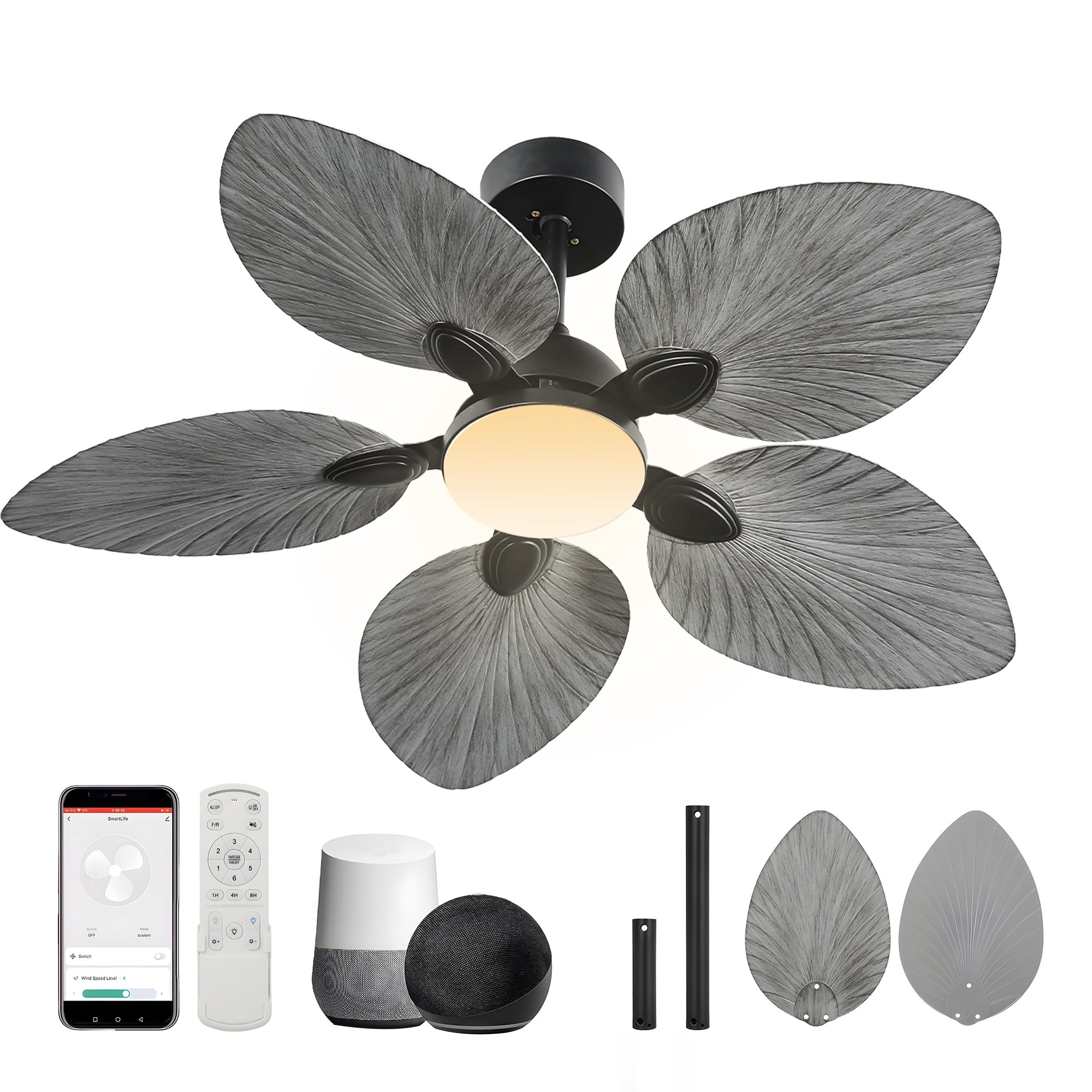 Craftian 42" Tropical Smart Ceiling Fan with LED Light & Remote, Alexa & Google Compatible, Quiet Reversible DC Motor, 5 Palm Leaf Blades - Gray