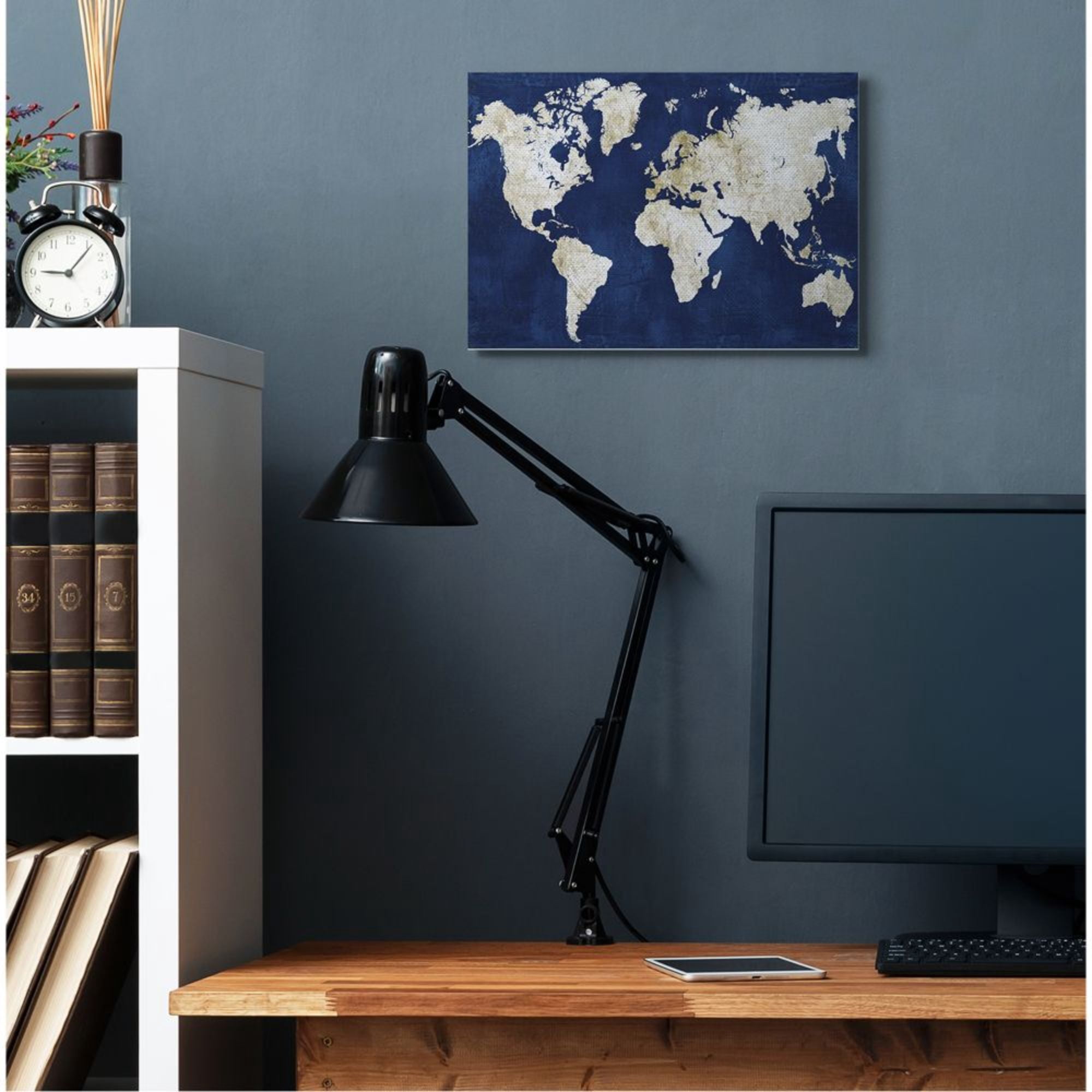 Stupell Industries Navy and Distressed Gold World Map Design by Alicia Vidal, 16" x 20"