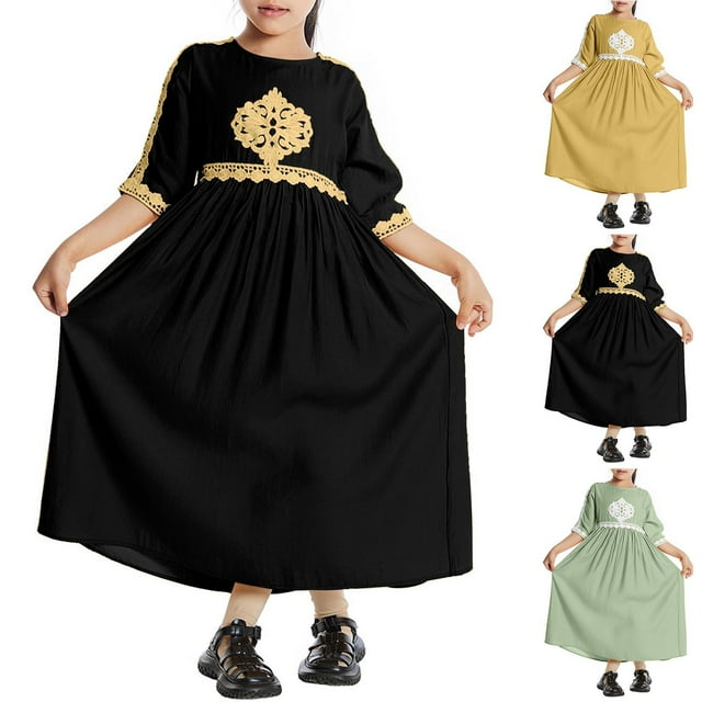 Sentmoon Robes d'Été pour Filles Douces et Confortables Col Rond Robes de Princesse Manches Bouffantes Ample Couleur Unie Hawaïenne Robe de Collation des Grades Préscolaire pour Vacances à la Plage 3 Ans