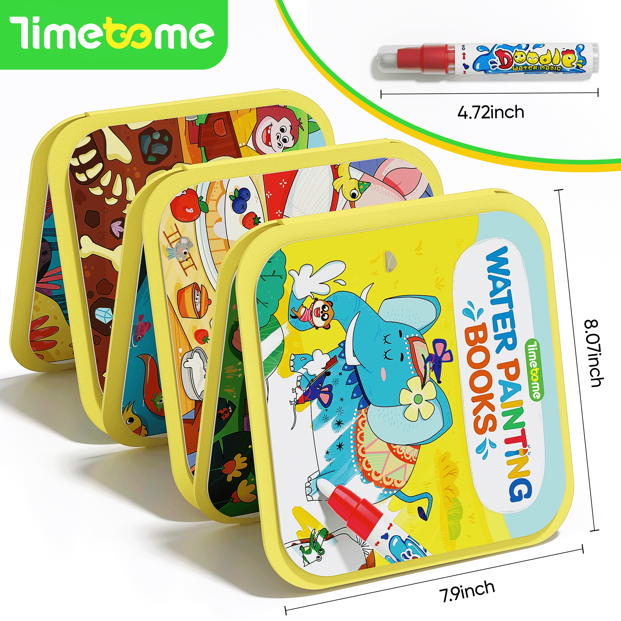 Timetome Reusable Water Painting Book - 3 Pack Magic Watercolor Books with Water Pens, 30 Coloring Book Pages for Kids Fairy Tale, Animal & Dinosaur Themes | No Mess Paint & Reusable Fun for Ages 3+
