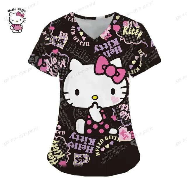 LS Nurse Uniform Hello Kitty Women Short Sleeve Working Uniform Pocket Blouse Scrubs Tops Nursing Medical Uniforms Accessories