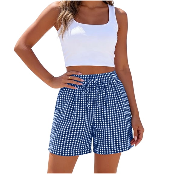 Cutuoiiu Women Comfortable Gingham Print Elastic Waist Drawstring Shorts with Side Pockets Everyday Wear Summer Shorts Gifts