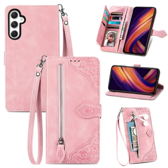 SYITOOCK Phone Case for Samsung Galaxy A25 5G, Shockproof PU Leather Wallet Case with Card Slots Anti-Scratch Stand Magnetic Flip Zipper Pocket Cover for Samsung Galaxy A25 5G, Pink