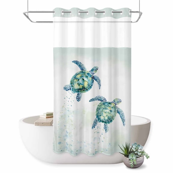 No Hook Shower Curtain, Teal Turtles Coastal Shower Curtains for Bathroom with See Through Top Window, Summer Ocean Sea Watercolor Waterproof & Washable Bath Curtain Stand Up Stall 36"x72"