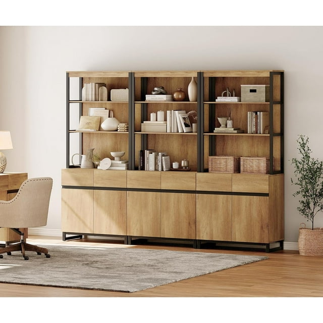 WAMPAT Modern Bookcases Set of 3, 72 Inch Tall Bookshelves with Storage Cabinet, Adjustable Shelves & Metal Frame, Home Office Library for Living Room, Oak