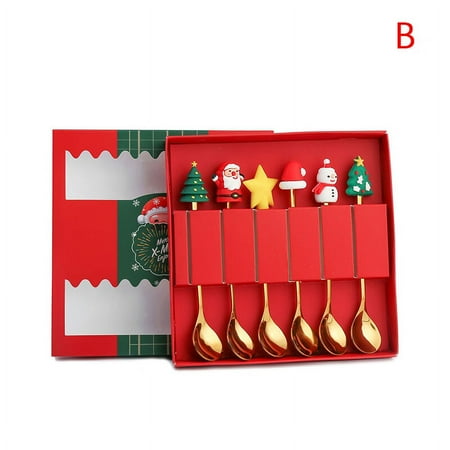 

iminfit 4Pcs/6Pcs Christmas Gift Cutlery Spoon Fork Set Elk Christmas Tree Decoration Dessert Spoon Fruit Fork Coffee Spoon Cutlery Gift