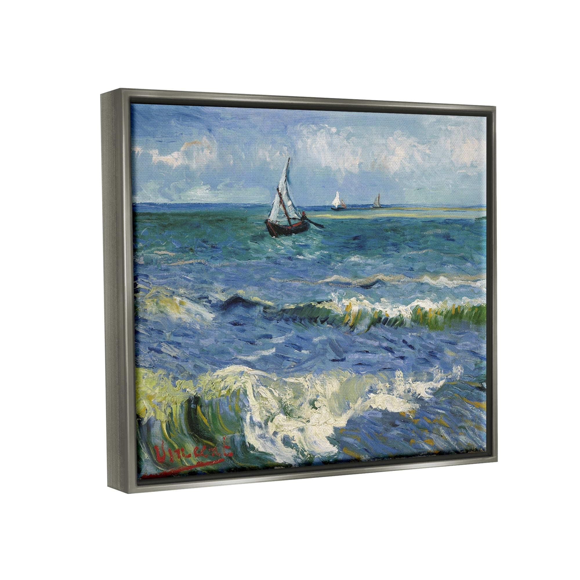 Stupell Industries The Sea at Les Saintes-Maries-de-la-Mer Vincent van Gogh Painting Painting Luster Gray Floating Framed Canvas Print Wall Art, Design by one1000paintings