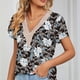 thumbnail image 3 of Blusa de encaje de guipur con escote en V XXL y mangas de pétalos con flores blancas sobre fondo negro, perfecta para una cita, 3 of 6