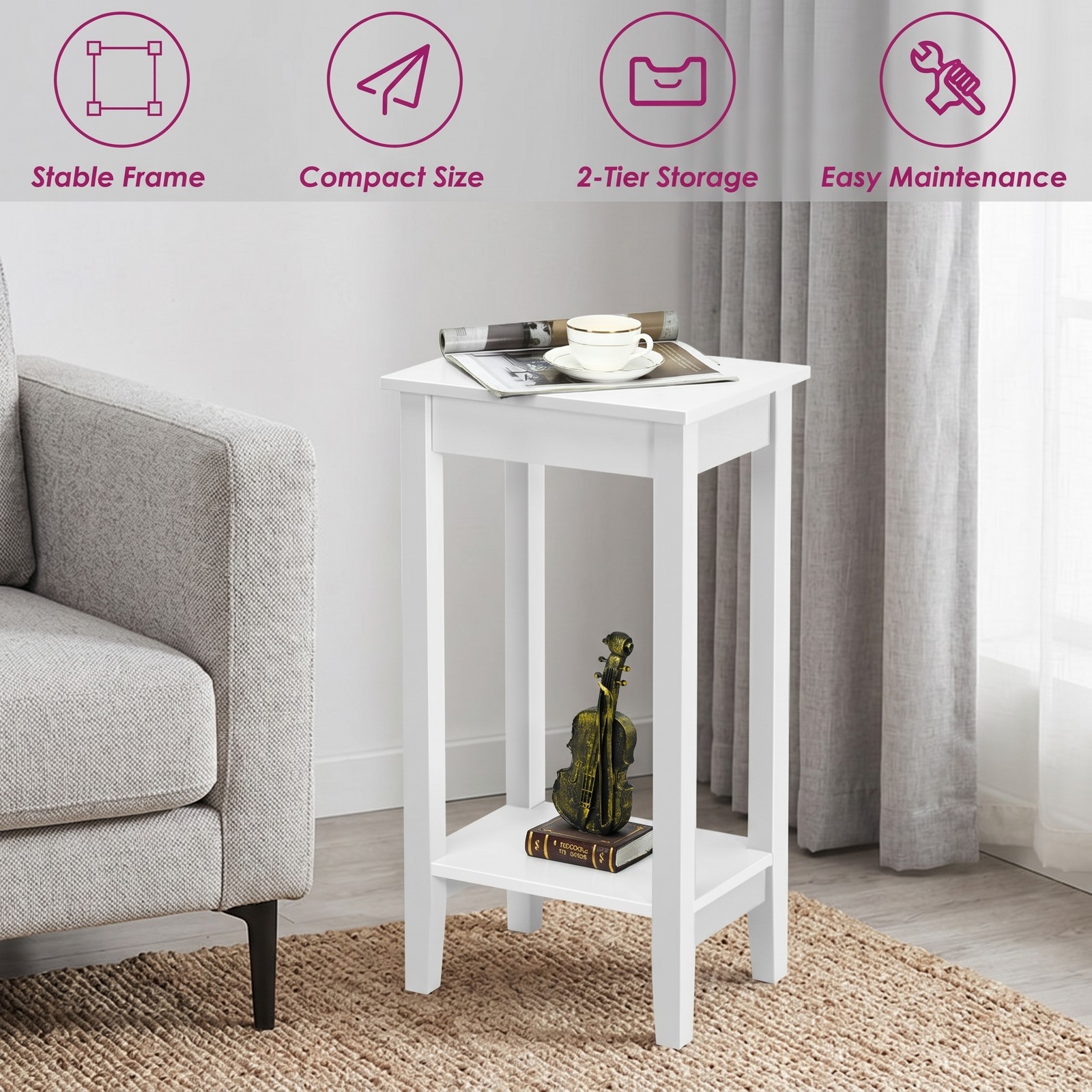 Furnibear Set of 2 2-Tier End Tables with Storage Shelf, Narrow Wood Nightstand Side Table for Living Room Bedroom Small Spaces, Sofa Couch Bedside Accent Table, White