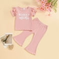 thumbnail image 2 of Kaprioy Girls Summer Outfits Toddler Girl 2Pcs Fly Sleeve ATTITUDE MAMA'S MINI Letter Shirt Tops + Waffle Flare Pants Set Clothes, 2 of 6