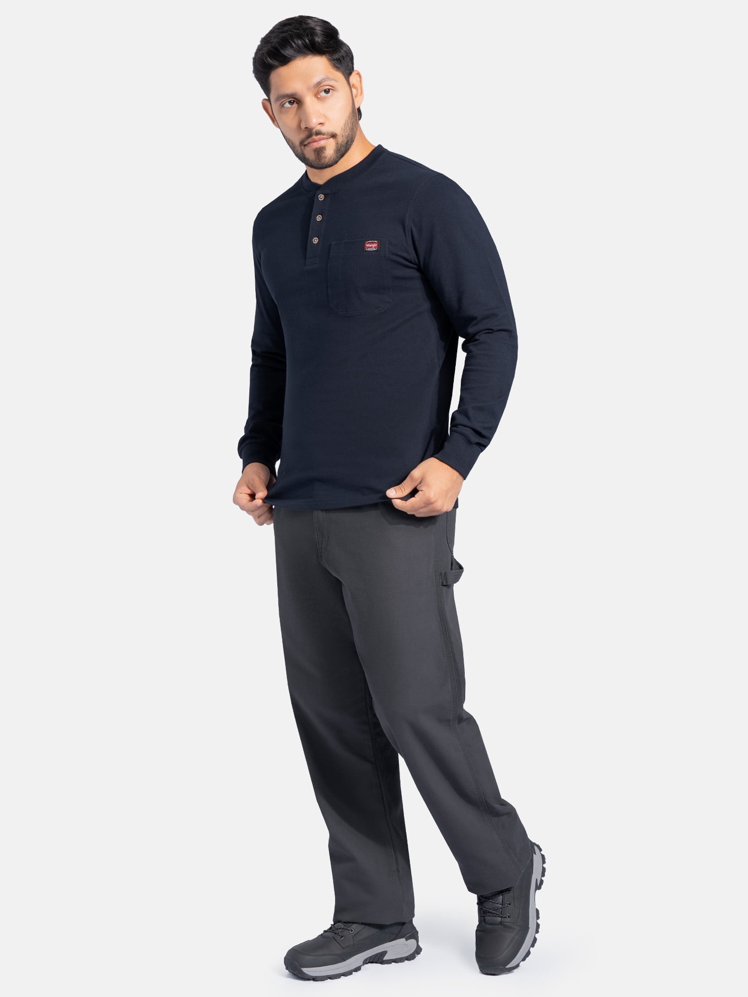 Wrangler Workwear Men's Heavyweight Long Sleeve Henley Pen Pocket Shirt, Size S-3XL