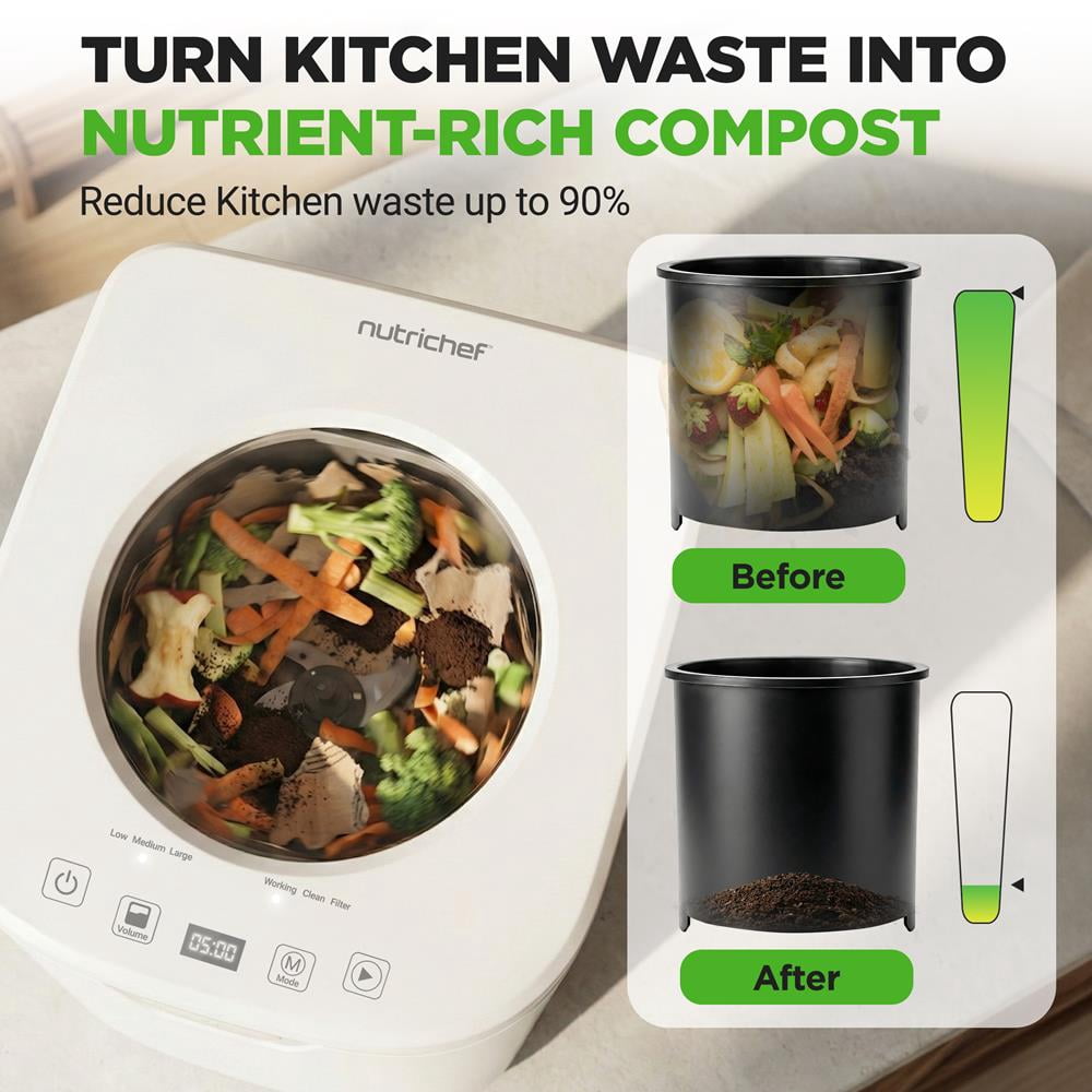 NutriChef 4-Quart Electric Kitchen Composter, Smart Countertop Indoor Compost Bin with 2 Odorless Carbon Filters, 3 Volume Modes, White