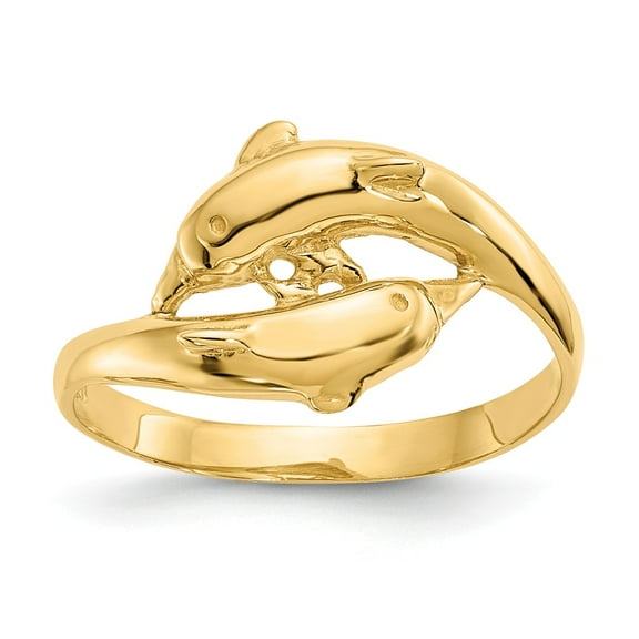 14K Yellow Gold Ring Band Themed Double Dolphins