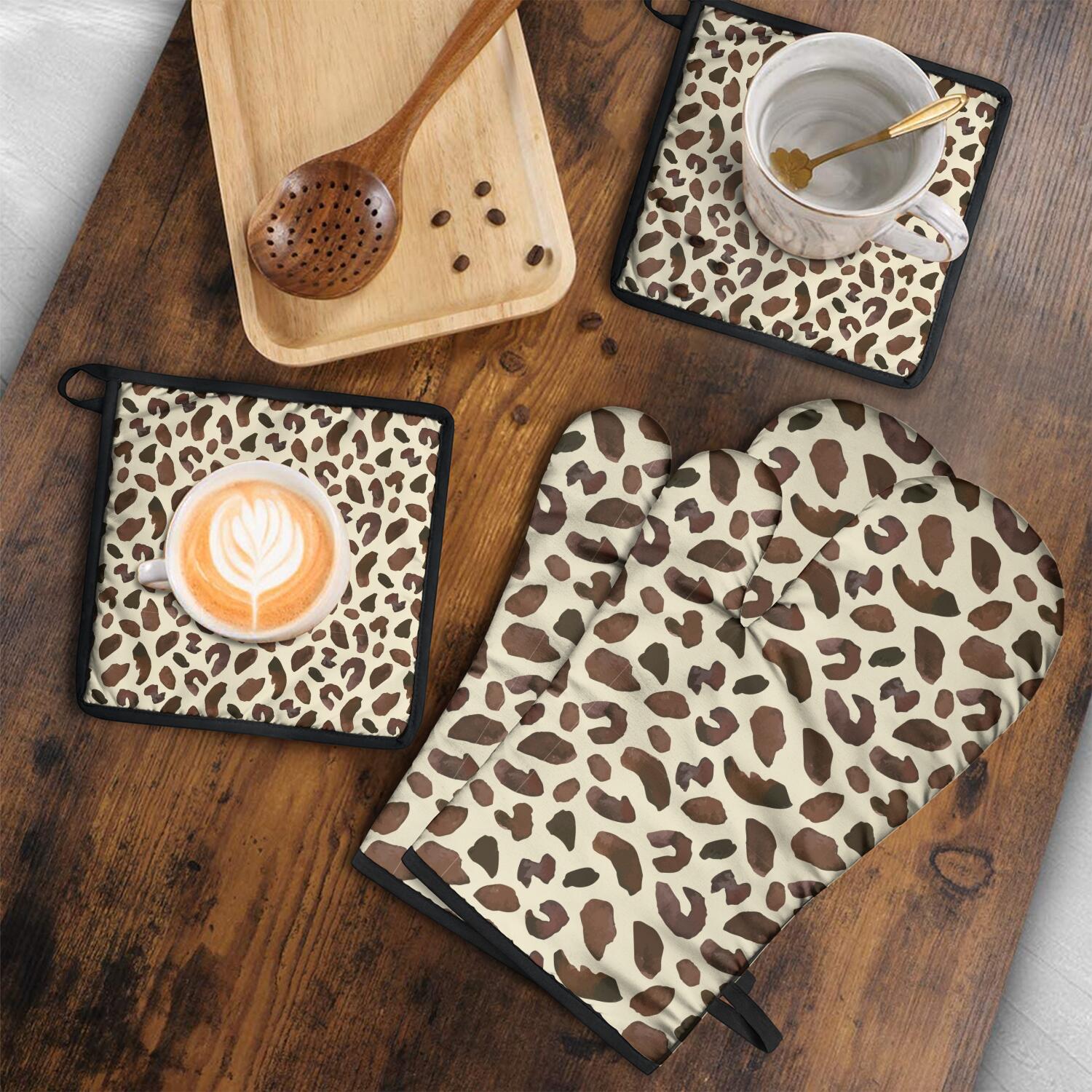 Leopard Print Oven Mitts and Pot Holders Set Of 4, Heat Resistant Kitchen Gloves with Non-Slip Grip, Hanging Loop, Soft Cotton Lining for Baking, Cooking, Grilling, Barbecue