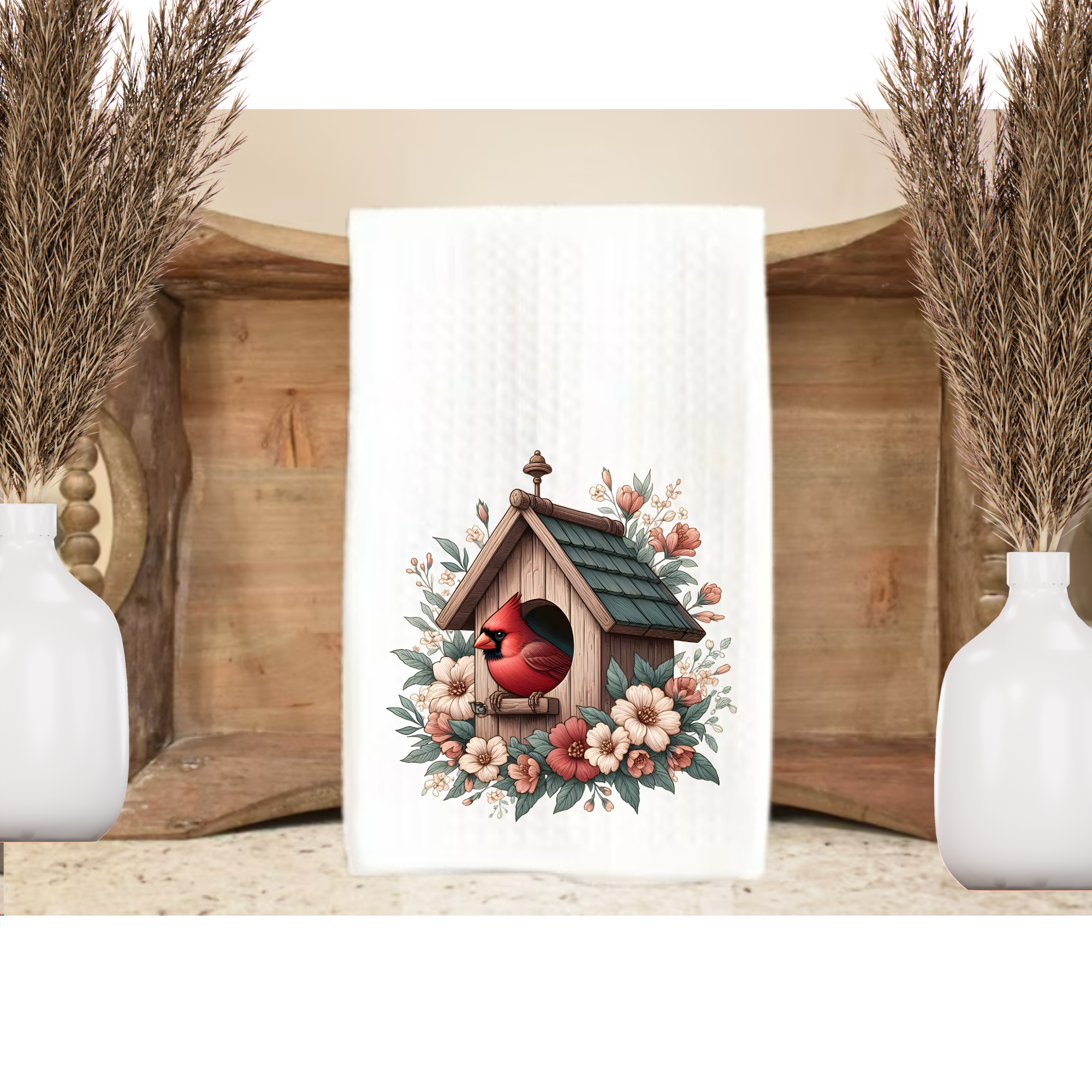 Colordrift Red Cardinal Christmas Kitchen Towel Set – 3Pc, 2 Printed + 1 Red Waffle