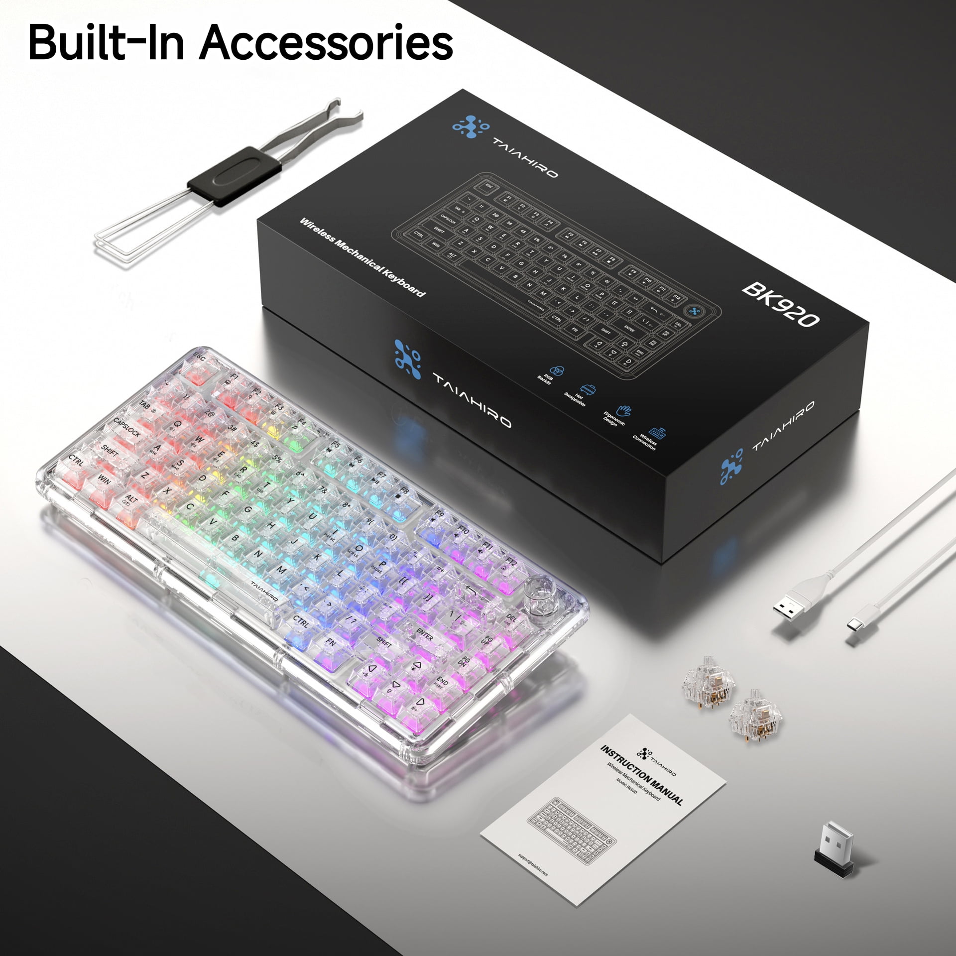 BK920 Transparent Wireless Mechanical Keyboard 80-Key Triple Mode RGB Backlit Hot-Swappable Linear Switches Volume Knob for Mac & Windows