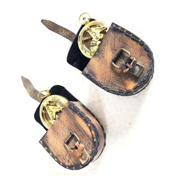2 Piece Golden Solid Brass Push Button Compass & Sundial with Lather Case Size Measures 1.75 Inches