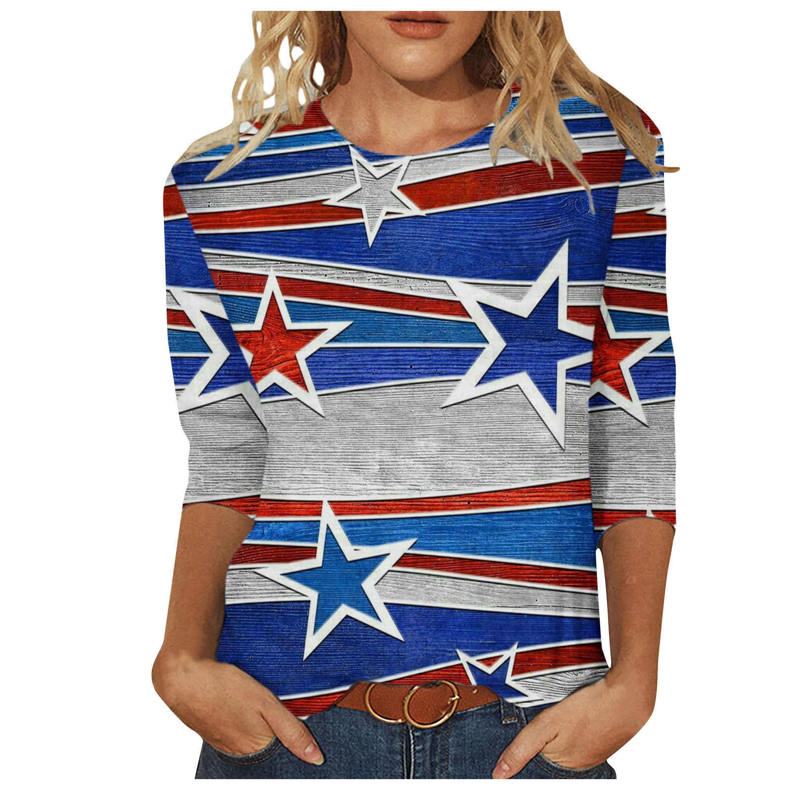 Fanxing Women American Flag Shirt 4th of July Patriotic Pride T-Shirt 3/4 Sleeve  Casual Blouse Summer Short Sleeve Tee Clothes S,M,L,XL,XXL