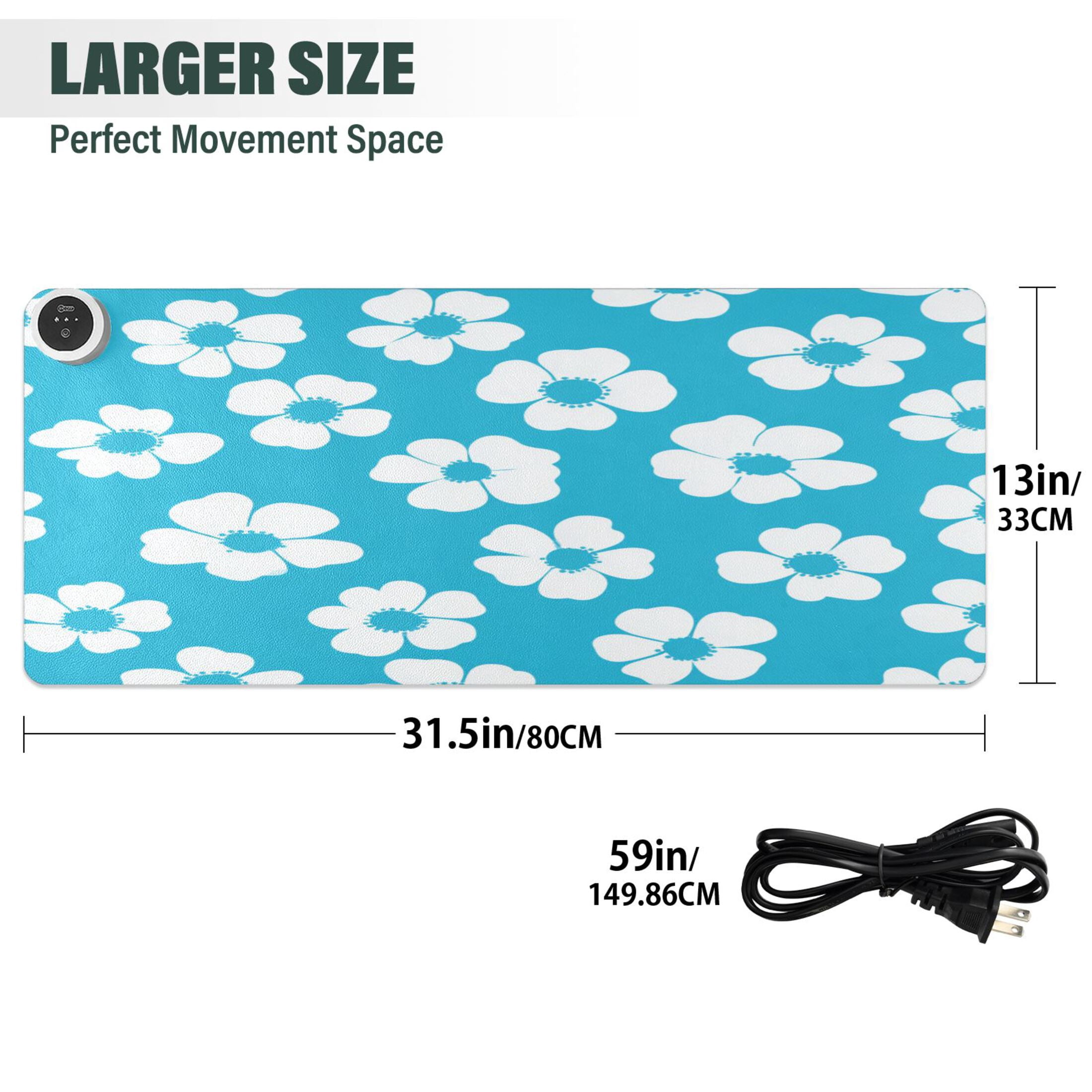 Large Heated Desk Mat Mouse Pad 31.5"x13"PU Leather Graphene Heating Desk Warmer with 3 Temperature Settings 110V US Plug Non-Slip Warm Pad for Home, Office, and Gaming Turquoise White Daisy Floral