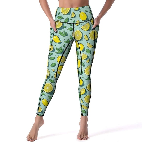 Lemon And Floral Leggings Fruit Print Gym Yoga Pants Push Up Vintage Sport Pants Pockets Elastic Design Yoga Legging
