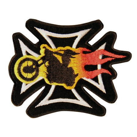 - Iron Cross With Biker on Flaming Chopper Biker Patch