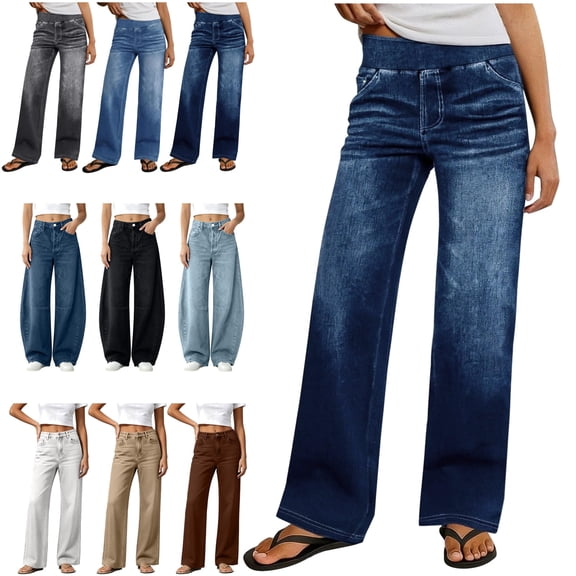 QIUOMBBP Wide Leg Jeans Woman Stretchy High Waisted Pull On Jean Pants Baggy Straight Leg Casual Denim Trousers with Pockets Dark Blue M
