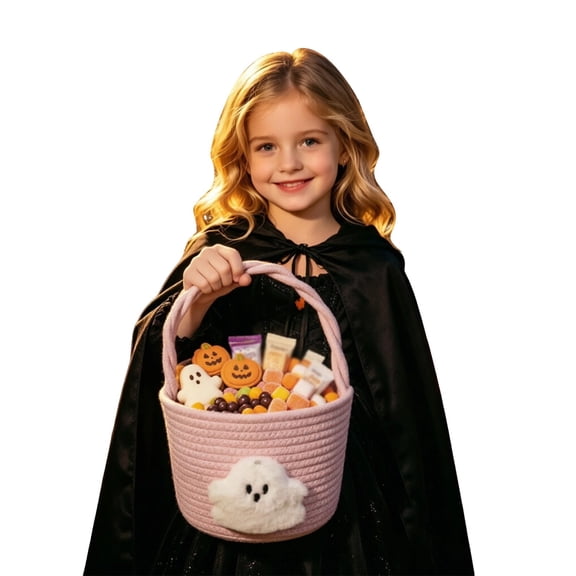 Halloween Storage Basket with Handle, Woven Cotton Rope Candy Basket with Ghost Patch, Cute Spooky Trick or Treat Organizer Bin for Home(Pink,One Size)