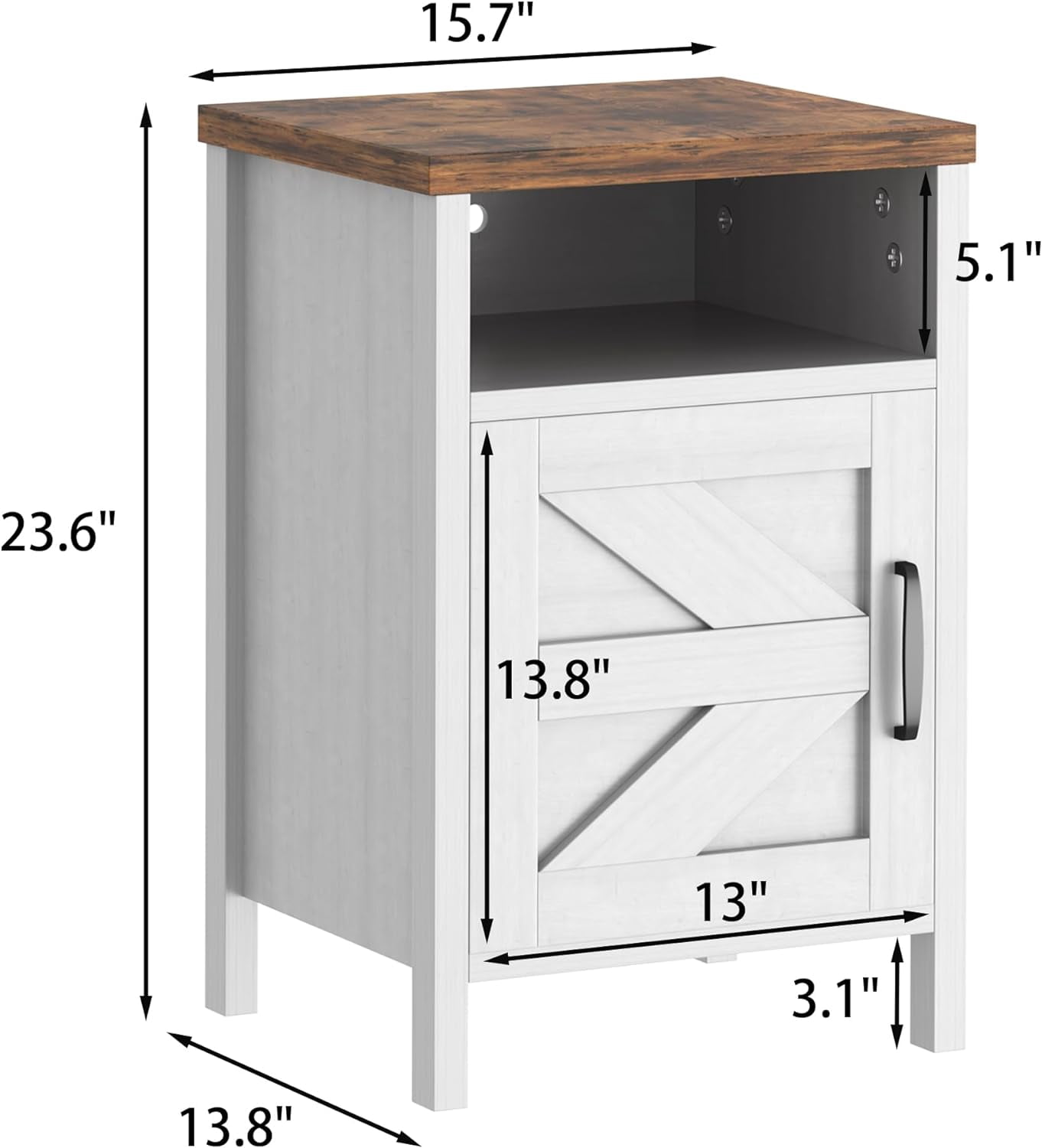 Farmhouse Nightstand, Modern Bedside Table Set of 2 with Barn Door and Shelf, Rustic End Table Side Table for Bedroom, Living Room (White)