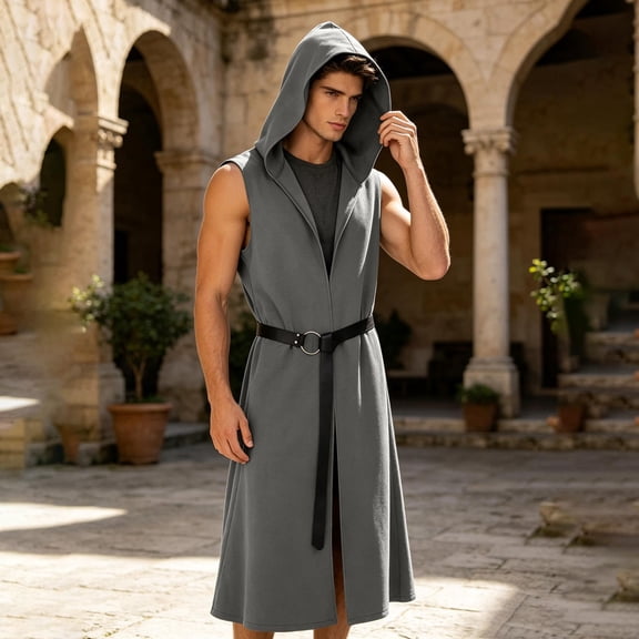 LEKWK Renaissance Hooded Cloak Men Sleeveless Medieval Surcoat with Belt Soft Casual Viking Tunic Wizard Cloak Halloween Costume