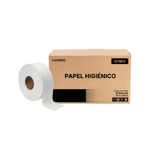 Papel Higiénico en Bobina GREYMOON SYNKO - Papel Higiénico Institucional - 12 Rollos de 180 mts c/u - Doble Hoja - Super Absorbente - Alta Resistencia - Ecológico